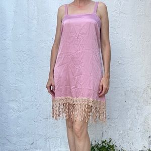 Ziera Pink Camisole Lingerie Midi Dress w/ Beige Tassel Trim!